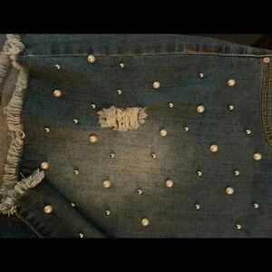 VERSONA DISTRESSED EMBELLISHED DENIM SHORTS